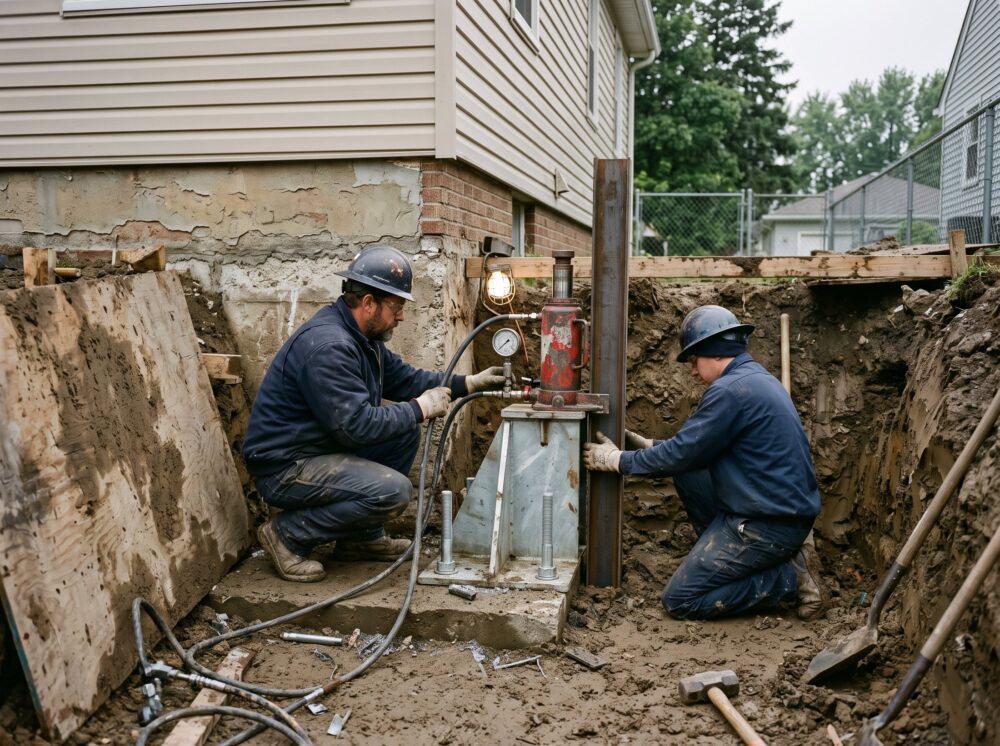 An excavated pit exposing a house footing with a galvanized steel push pier bracket bolted on and a hydraulic ram mounted above it.