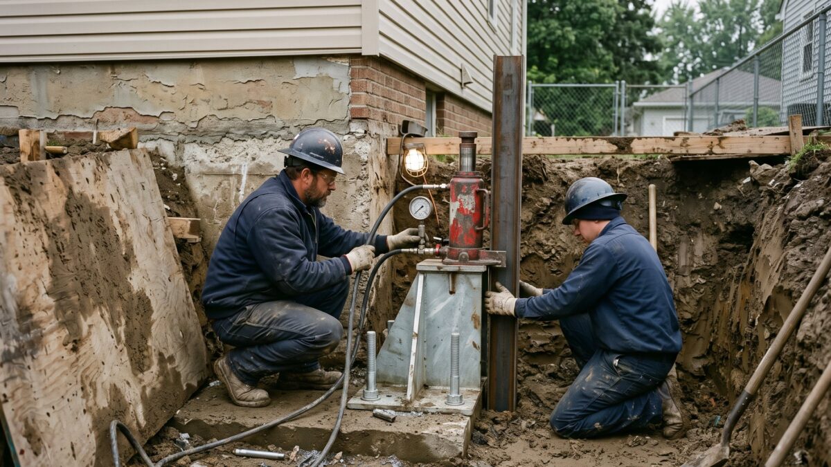 An excavated pit exposing a house footing with a galvanized steel push pier bracket bolted on and a hydraulic ram mounted above it.