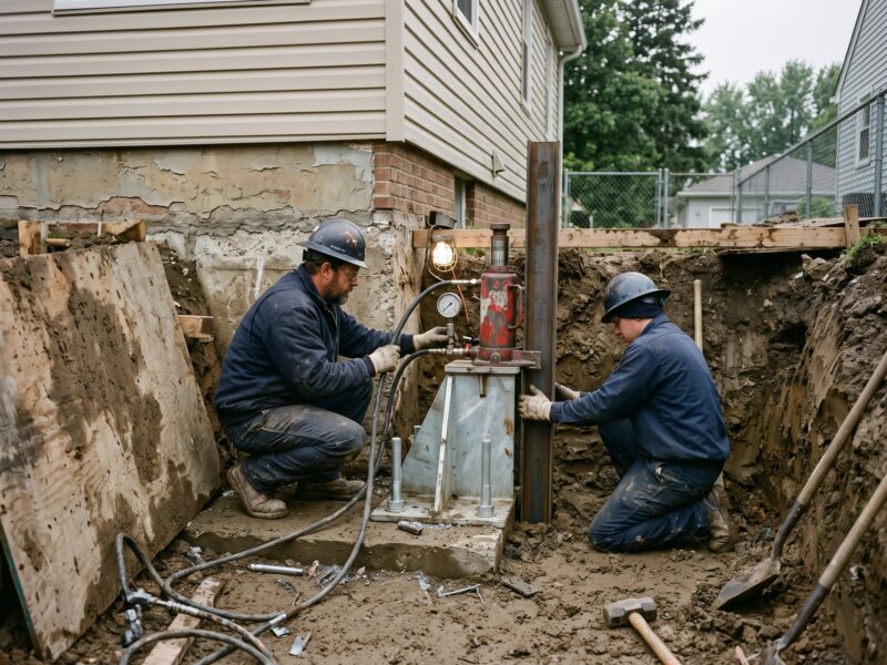 An excavated pit exposing a house footing with a galvanized steel push pier bracket bolted on and a hydraulic ram mounted above it.
