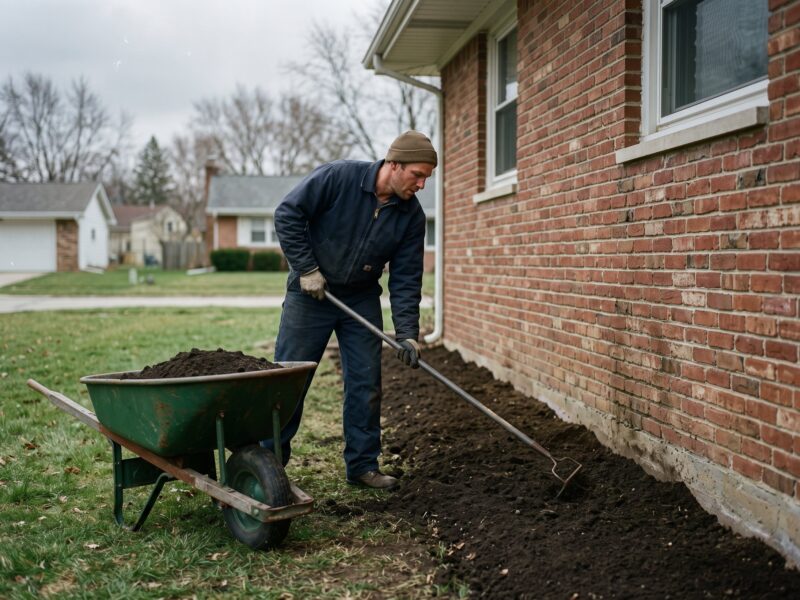 A worker raking fresh topsoil against a brick house foundation to rebuild the grade so it slopes away from the wall.