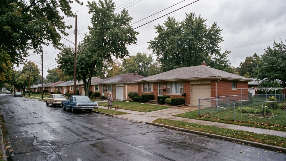 A 1960s street of compact brick ranch homes with low rooflines and one-car garages after rain.