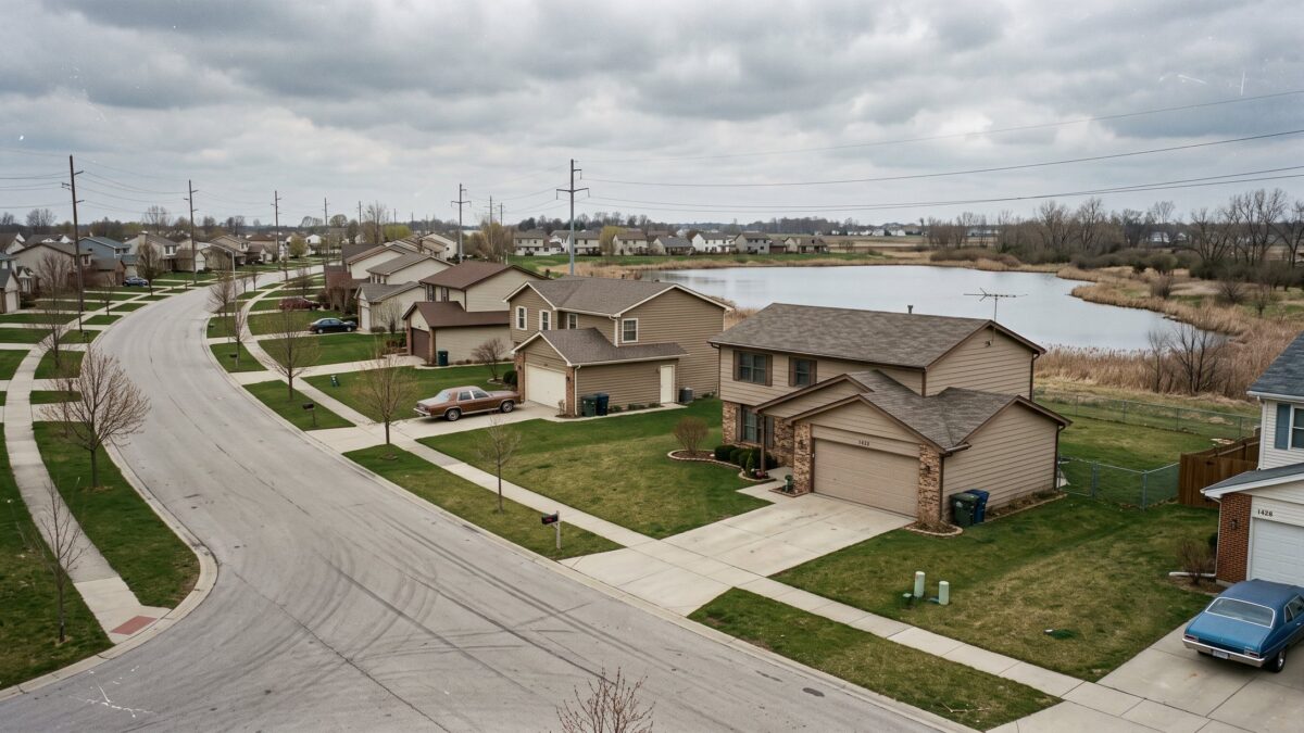 A 1980s subdivision of two-story homes on dead-flat ground with a retention pond beyond the lots.