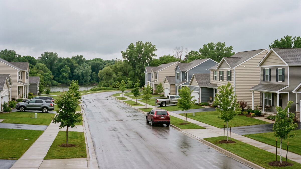 A newer subdivision street of two-story homes with a tree-lined riverbank visible beyond the last lots.
