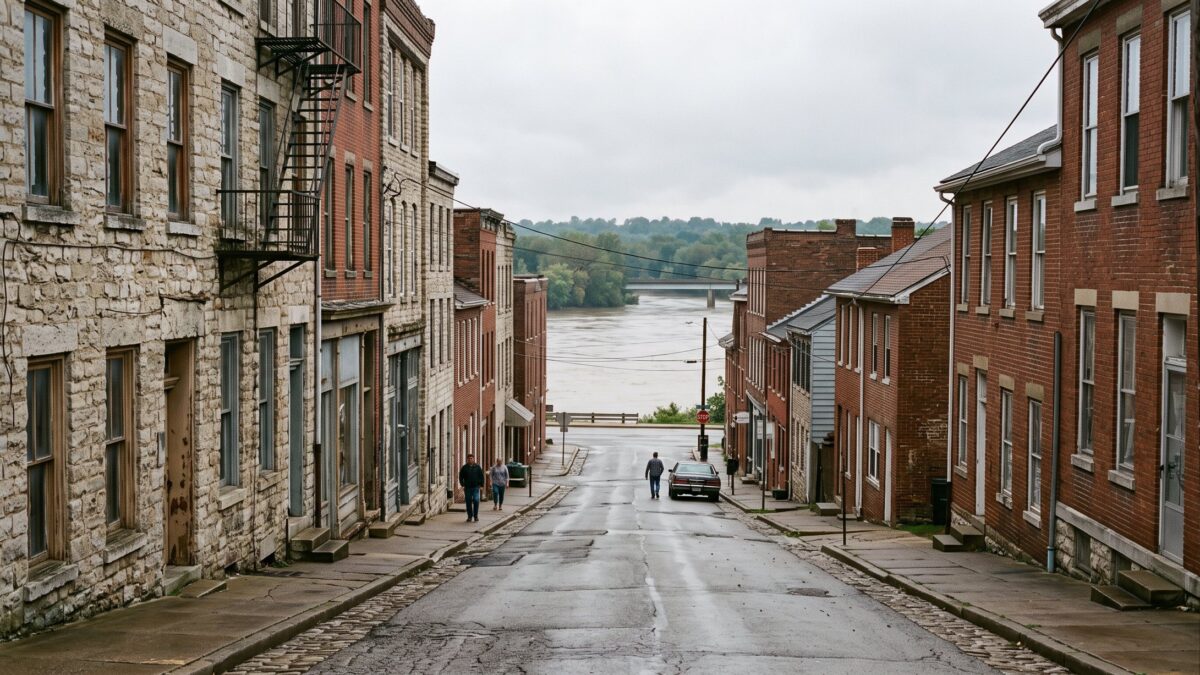 A historic river-town street of 19th-century limestone and brick buildings stepping down toward a river.
