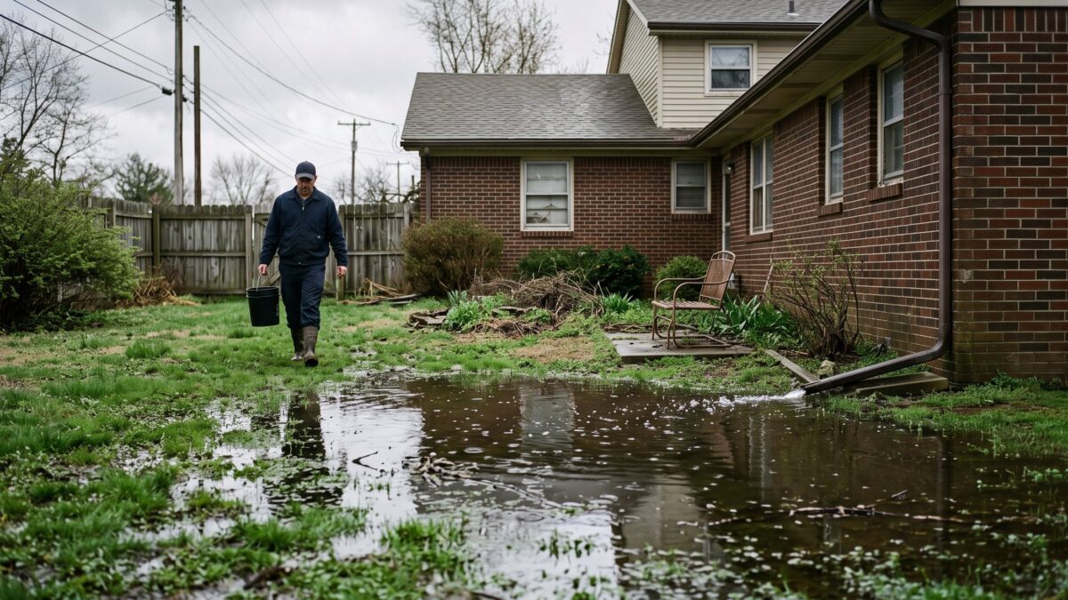 A wide puddle of standing water across a low suburban backyard lawn a day after rain, with a brick house and downspout behind it.