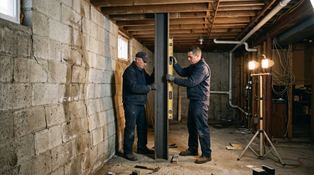 Two workers standing a steel I-beam against a bowed concrete block basement wall, one checking plumb with a level under work lights.