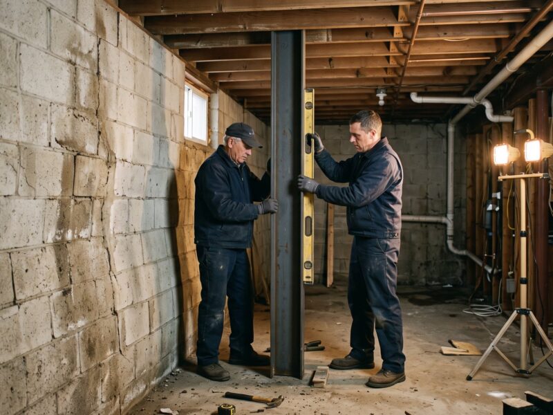 Two workers standing a steel I-beam against a bowed concrete block basement wall, one checking plumb with a level under work lights.