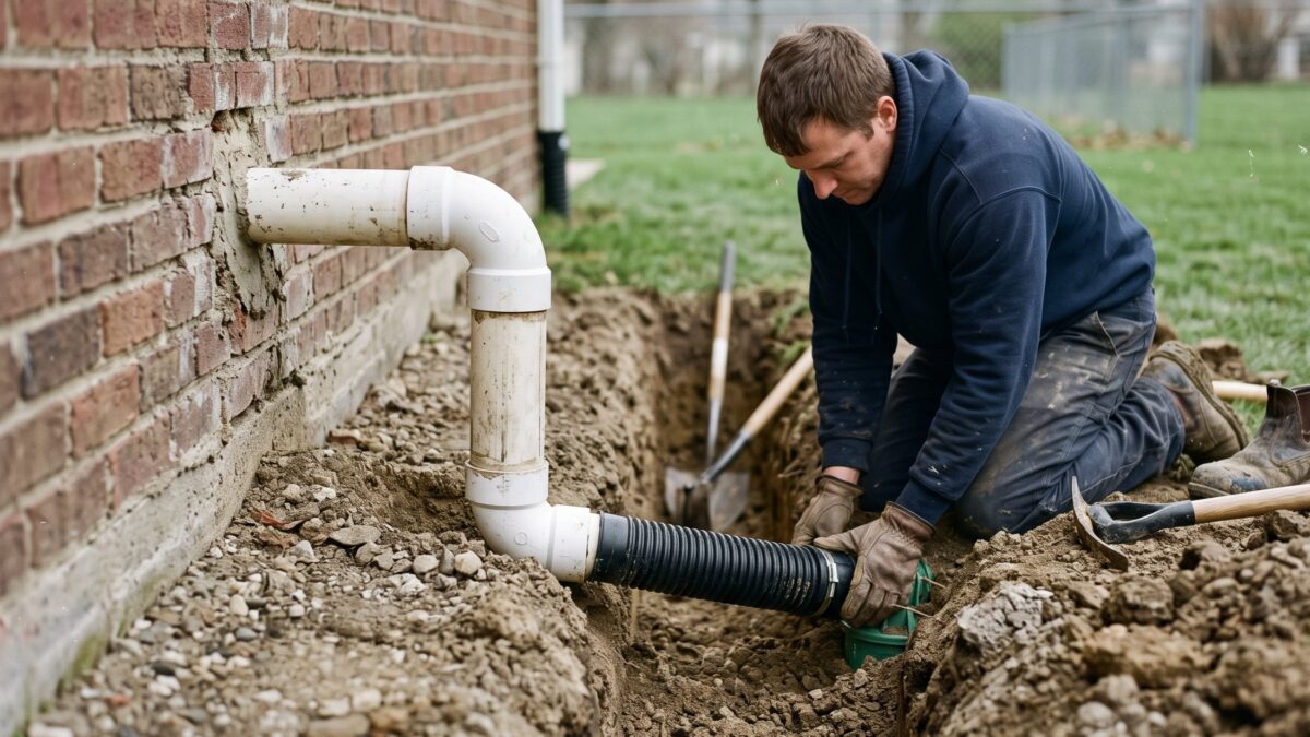 A PVC sump discharge pipe exiting a brick house foundation and connecting to a buried corrugated line in an open trench toward the lawn.