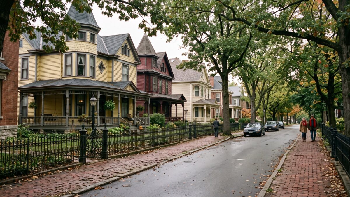 A historic small-town street of well-kept pre-1900 Victorian houses with iron fences and brick sidewalks.