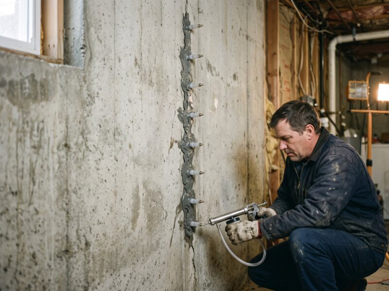 A vertical crack in a poured concrete basement wall fitted with plastic injection ports and surface-sealed between them.