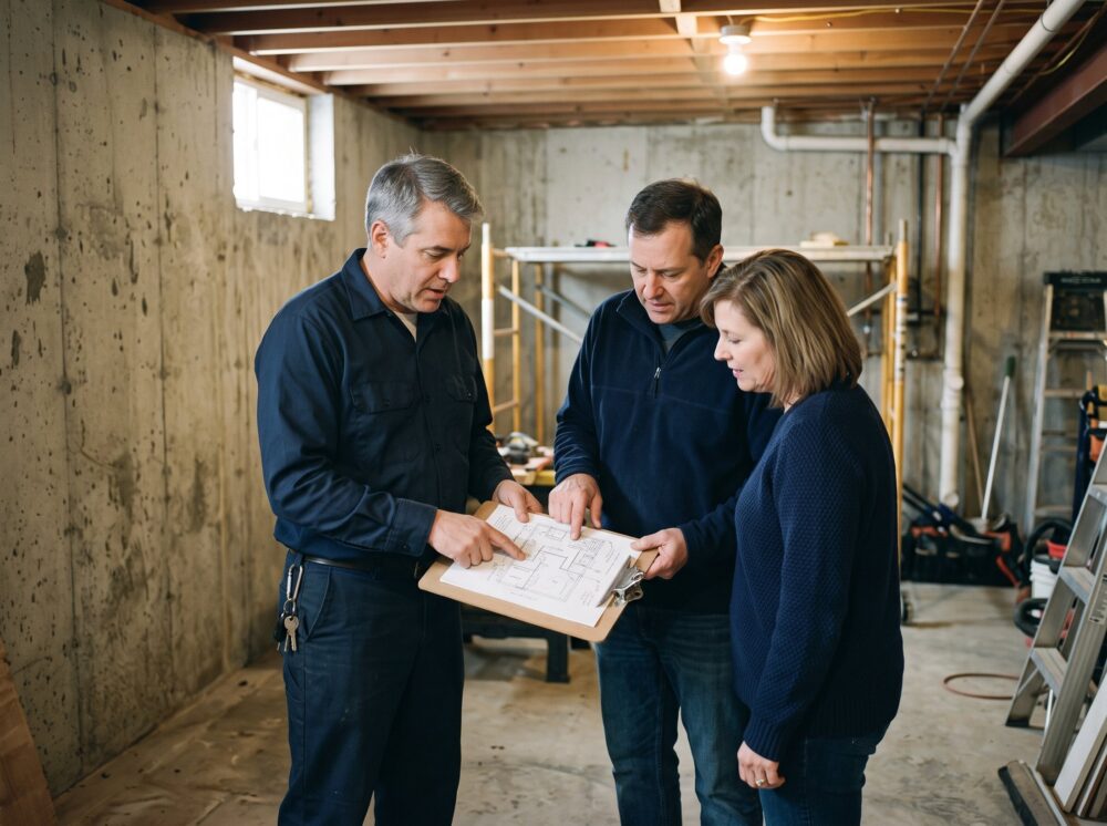 A contractor holding a clipboard with a basement diagram, walking a homeowner couple through the written diagnosis in their unfinished basement.