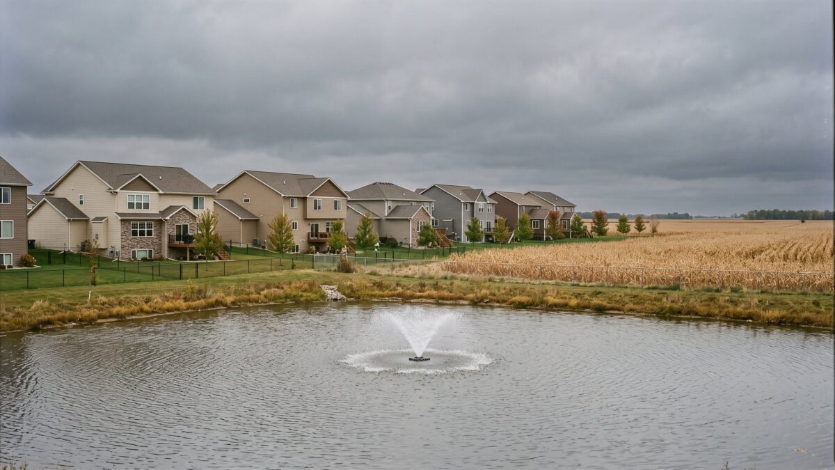 A newer subdivision at the edge of open farmland with homes backing onto a field and a drainage pond.